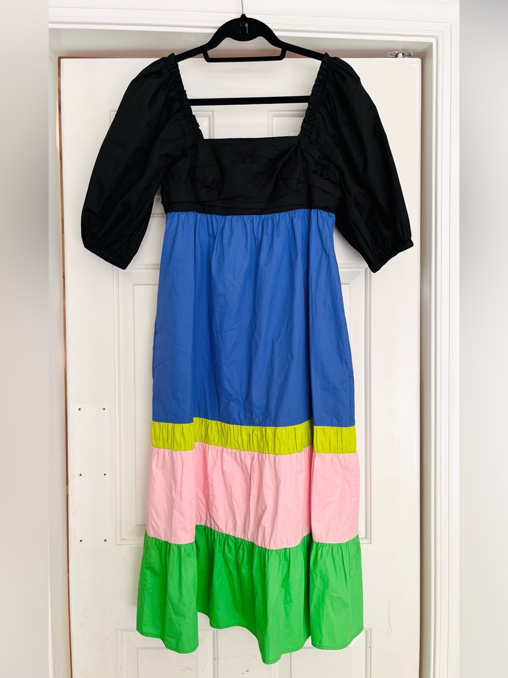 Colorblock Puff-Sleeve Women’s Dress in Black, Blue, Pink & Green